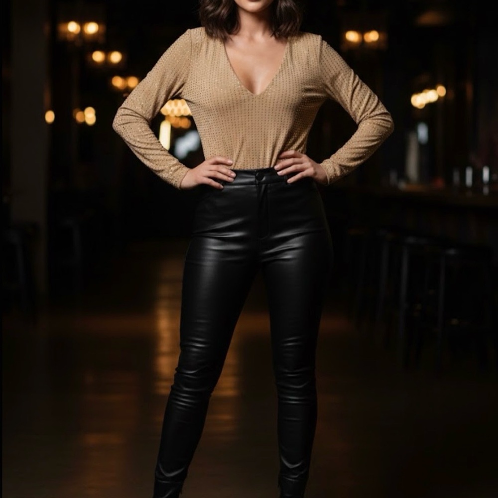 Rhinestone tan v neck top